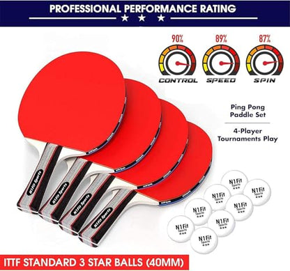 N1fit Ping Pong Paddles - Set of 4 High-Performance 5-Ply Rackets, 8 Professional 3-Star Table Tennis Balls, Portable Storage Case for Indoor-Outdoor Games