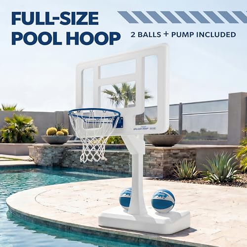 GoSports Splash Hoop Elite - Adjustable Height or Fixed Post - Pool Hoop Basketball Game with Water Weighted Base, Regulation Steel Rim and 2 Pool Basketballs - color: Elite Adjustable - White