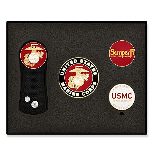PinMart's Officially Licensed Marine Corps Golf Essentials Gift Set, Divot Tool, Hat Clip, Magnetic Ball Markers, Large Golf Ball Marker with Presentation Box - Gifts and Accessories