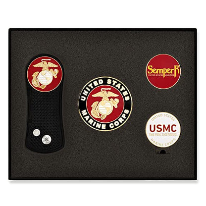 PinMart's Officially Licensed Marine Corps Golf Essentials Gift Set, Divot Tool, Hat Clip, Magnetic Ball Markers, Large Golf Ball Marker with Presentation Box - Gifts and Accessories