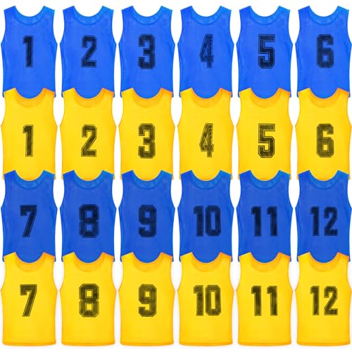 Vabean 24 Pack Nylon Mesh Scrimmage Team Practice Vests Pinnies Jerseys Train Vest for Adult Sport Basketball Soccer Football - color: Yellow, Light Blue
