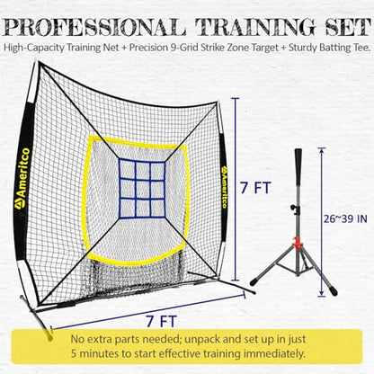 Baseball Net，7x7ft Baseball Practice Net with Tee and Target, Large Pocket Sports net for Hitting/Batting/Pitching/Throwing,Scratch Resistant Base, Versatile Use for All Levels - color: Black