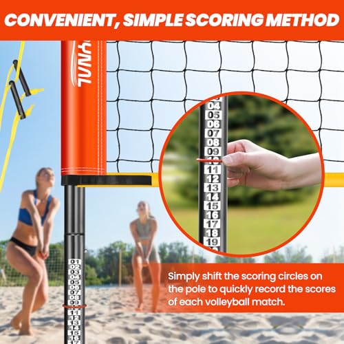 32FT Portable Volleyball Net System for Backyard - Adjustable Height Beach & Grass Court Sand-Resistant Outdoor Training Set with Pro-Grade Volleyball, Pump, Boundary Lines & Carry Bag(Bright Orange)