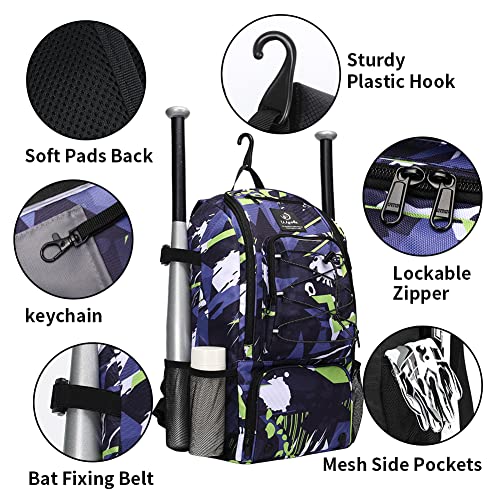 Sports Baseball&Softball Bat Bag For Youth｜Adults, Baseball Equipment Backpack Bag with Shoe Compartment,Fence Hook,Holds Bat, Helmet, Glove - color: Dark Blue