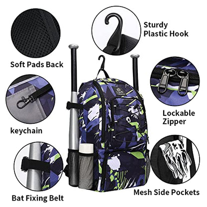 Sports Baseball&Softball Bat Bag For Youth｜Adults, Baseball Equipment Backpack Bag with Shoe Compartment,Fence Hook,Holds Bat, Helmet, Glove - color: Dark Blue