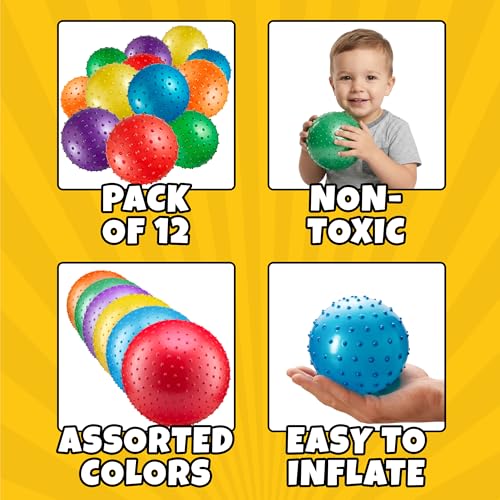 Bedwina Mini Knobby Balls - Bulk 5 Inch Sensory Balls and Spiky Massage Stress Balls with Pump, Fun Bouncy Ball Party Favors