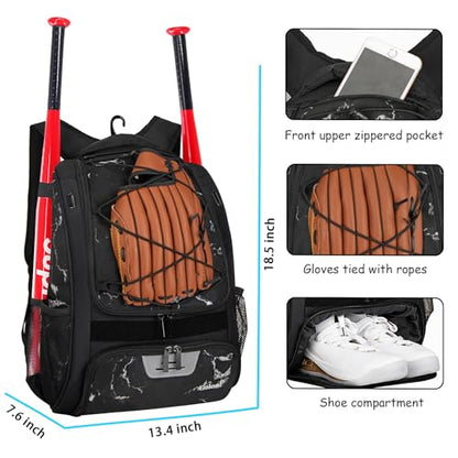 Goloni | Baseball Backpack,Baseball Bag for Adult,Softball Bat Bag with Shoes Compartment,Large Main Compartment for Helmet & accessories, Fence Hook - color: Marble