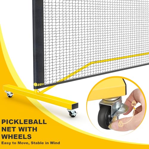 Portable Pickleball Net with Wheels, Regulation Size 22 FT & Half Court 11 FT, Steady Metal Frame for Backyards, Driveways, and Garages (Black&Yellow)