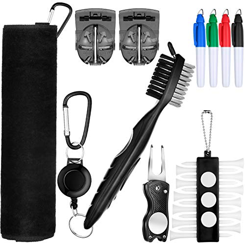 Sumind 22 Pcs Golf Essentials Accessories Kit Include Golf Club Cleaning Brush Towel Marking Pen Line Divot Repair Tool Ball Marker Tee Holder for Men Women Ideal Gift(Black) - color: Black