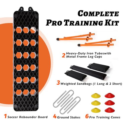 6-in-1 Soccer Rebounder Board with 6 Training Cones, Portable Dual-Surface Kickback Wall with 3 Adjustable Angles (60°/75°/90°) for Passing, First-Touch & Reaction, Backyard Soccer Training Equipment