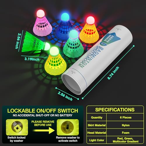 AboveGenius Glow in The Dark Badminton Birdies 6 PCS, 360° Nylon LED Badminton Shuttlecocks for Family Backyards Practice, Long Lasting Light Up Birdie Balls Set for Indoor Outdoor Sports Activities
