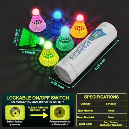 AboveGenius Glow in The Dark Badminton Birdies 6 PCS, 360° Nylon LED Badminton Shuttlecocks for Family Backyards Practice, Long Lasting Light Up Birdie Balls Set for Indoor Outdoor Sports Activities