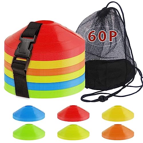 60-Pack Soccer Cones - Agility Flat Disc Cones with Carry Bag & Strap - Small Training Field Markers for Football Basketball Lacrosse - Indoor/Outdoor Sport Drills - color: Colorful