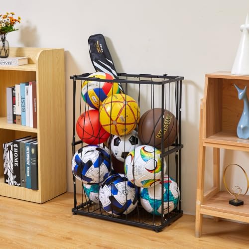 Garage Ball Storage Wall-Mounted & Floor Sports Equipment Organizer: Sports Ball Rack with Elastic Rope, Holder for Basketball, Soccer, Volleyball, Football, Garage, Gym, Black(Patent Pending) - size: Small, style: With Adjuster Foot,Rectangle