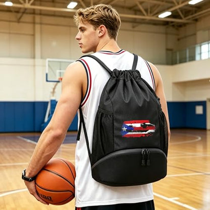 FOECBIR Sports Drawstring Backpack with Shoe Compartment & Reflective Safety Strips, Large Capacity Basketball Bag Water Resistant Side Mesh Pockets for Men Women (American Flag) - color: American Flag