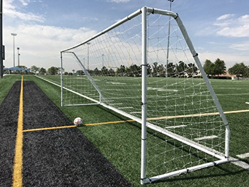 PASS Premier 18.5 X 6.5 Ft. Official Youth Regulation Steel Soccer Goal. 2"""" Diameter Steel Frame w/Durable 4mm Net, Ground Stakes, Elastic Clasp & Re-Usable Ties.White