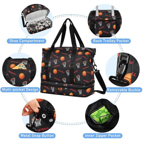 ALAZA Basketball Net Black Travel Duffel Bag Tote Bag Multi Compartment Weekender Overnight Bag with Wet Pocket for Travel Men Women