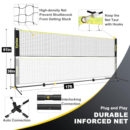 Portable Pickleball Badminton Net Set, 17FT Adjustable Heights All-in-One Net w/4 Pickleball Paddles 4 Badminton Rackets, Freestanding Pickleball Badminton Net for Backyard Driveway - style: Wood Pickleball Paddles