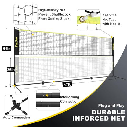 Portable Pickleball Badminton Net Set, 17FT Adjustable Heights All-in-One Net w/4 Pickleball Paddles 4 Badminton Rackets, Freestanding Pickleball Badminton Net for Backyard Driveway - style: Wood Pickleball Paddles