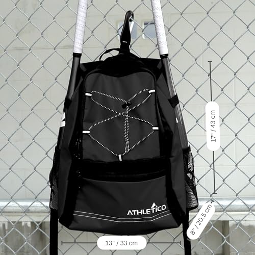 Athletico Youth Baseball Bag - Bat Backpack for Baseball, T-Ball & Softball Equipment & Gear | Holds Bat, Helmet, Glove | Fence Hook - color: Black