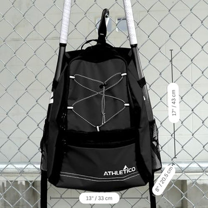 Athletico Youth Baseball Bag - Bat Backpack for Baseball, T-Ball & Softball Equipment & Gear | Holds Bat, Helmet, Glove | Fence Hook - color: Black