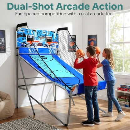 SereneLife Dual Shot Basketball Arcade Game with Electronic Scorer, 8 Game Modes, Indoor Outdoor 2 Player Basketball Shooting Game, Foldable Arcade Set with 5 Balls and Pump - style: Double Hoop, Heavy Duty