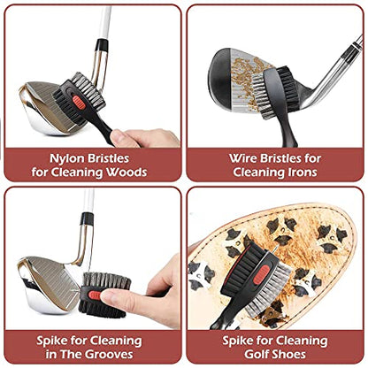 THIODOON 2 Pack Golf Club Brushes and Groove Cleaner 2 ft Retractable Zipline Carabiner Golf Brush Head with Retractable Spike Comfortable Grip Golf Club Cleaner - color: 2pcs Black & Red