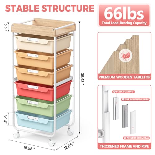 SYKIARIOL Rolling Cart with 6 Drawers,Utility Storage Cart with Drawers,Art Craft Organizers and Storage,Makeup Organizer with Wooden Tabletop,Rainbow