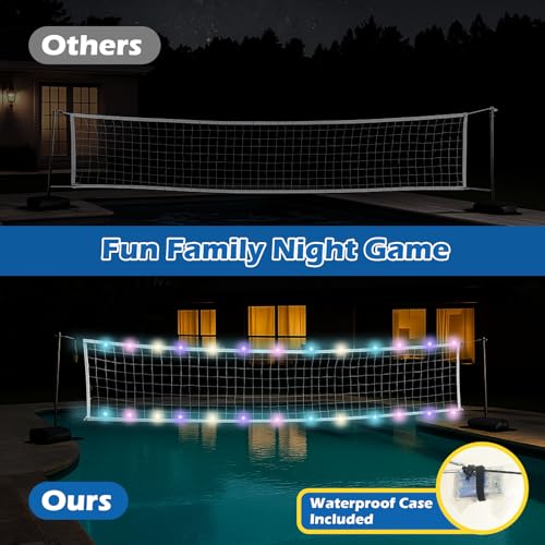 Pool Volleyball Net Set with LED Lights,Volleyball Net with Weighted Bases and Adjustable 15ft-42ft Length for Inground Pools,Portable Water Volleyball Game with 2 Balls & Pump for Pool Entertainment