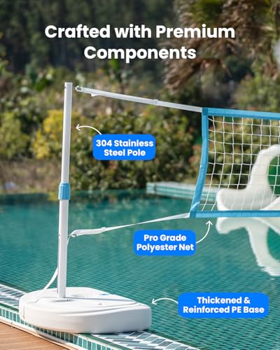 IGL Pool Volleyball Net Set, Pool Volleyball Set with 15 Ft Length Net, Height Adjustable Volleyball Net for Pool, Anti-Rust Stainless Steel Pool Games Set, Two Fillable Bases, Includes 2 Volleyballs - size: Volleyball Set