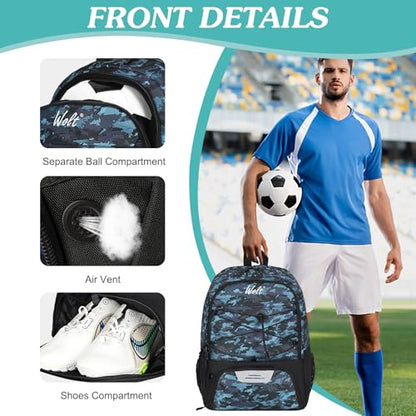 WOLT Soccer Backpack Soccer Bag with Ball Holder & Shoes Compartment, Sport Equipment Bags For Football, Basketball, Volleyball, Gym - color: CamoBlue