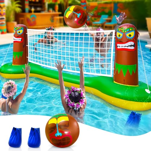 TURNMEON Inflatable Luau Tiki Pool Volleyball Net Game, Large 105"x28"x35" Floating Water Toy Set with Beach Ball for Adults Indoor Outdoor Tropical Hawaiian Summer Party Supplies
