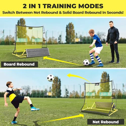 PLAYAPUT 2 in 1 Soccer Rebounder Net & Board, Dual-Sided Rebounder for Solo/Team Practice, High-Bounce Soccer Bounce Back Net for Passing,Volley, Football Trainer Net with Board Wall for All Players