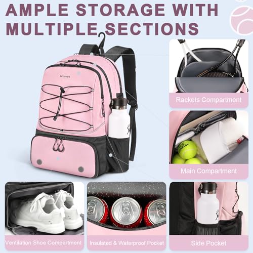 Arcoyard Tennis Bag Holds 2 Rackets, Professional Tennis Bags for Women, Tennis Backpack with Ventilated Shoe Compartment - color: Pink
