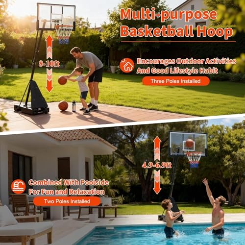 Basketball Hoop Outdoor 33/44/48 Inch Shatterproof PC Backboard, 4.92-10FT Stepless Adjustable Height, Portable Basketball Hoop with Wheels for Backyard, Driveway and Court - size: 44 Inch Backboard
