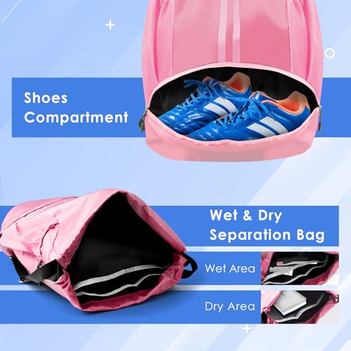 BROTOU Soccer Bags, Football Backpack, Volleyball Bag, Drawstring Backpack with Ball and Shoe Compartment, Football bags for Equipment Swim Gym Bag - color: Light Pink