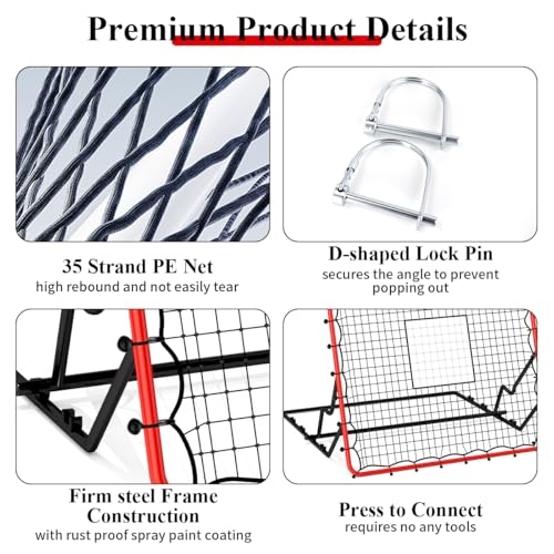 4x4.5FT Baseball Rebounder Net with 4 Adjustable Angles & 30 Bungee Cords, Multi-Sport Pitchback Net for Soccer, Baseball, Softball, Volleyball Practice –Tool-Free Setup, All Levels Youth & Adults