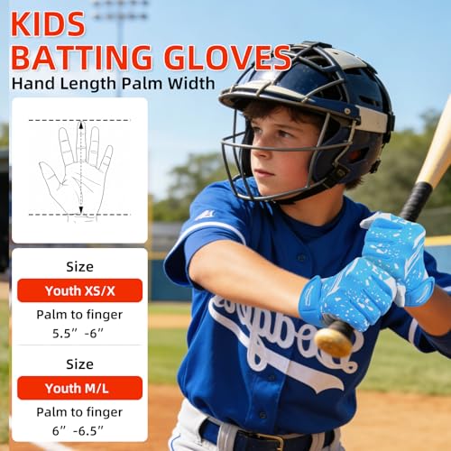 Youth Baseball Batting Gloves, Super Grip Kids Teeball & Softball Gloves for Boys & Girls - color: Blue/White, size: Youth XS/S(5.5in-6in)