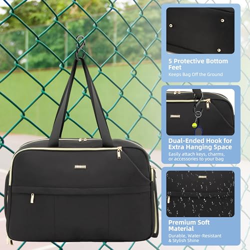 Tennis Bag for Women with Shoe Compartment, Large Tennis Racket Bag Fits 2 Racquets, Pickleball Gym Sports Tote with Shoulder Strap & Water Bottle Pocket - color: Black