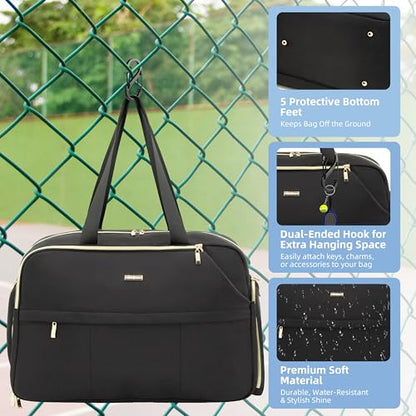 Tennis Bag for Women with Shoe Compartment, Large Tennis Racket Bag Fits 2 Racquets, Pickleball Gym Sports Tote with Shoulder Strap & Water Bottle Pocket - color: Black
