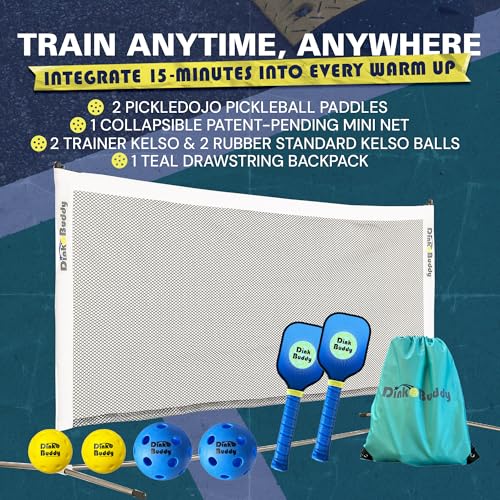 3-in-1 (with 1 Mini 6’ Wide Pickleball Net) & 2-in-1 Pickleball Trainer Options, Sports Gifts with 4 Kelso Balls (2 Trainer + 2 Standard), 2 PickleDojo Paddles, & 1 Drawstring Backpack - size: 3-in-1
