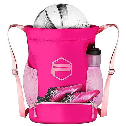 Soccer Ball Bags, Drawstring Basketball Backpack for Sport Training with Ball Shoe Dry and Wet Compartments(Pink)