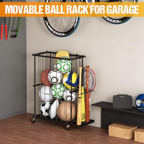 Garage Ball Storage With Baseball & Badminton Holder: Floor Sports Equipment Organizer, Sports Ball Rack With Elastic Rope, Ball Holder for Basketball, Soccer, Volleyball, Football, Garage, Gym, Black - size: Small, style: With Wheels And Bat Holder,Recta