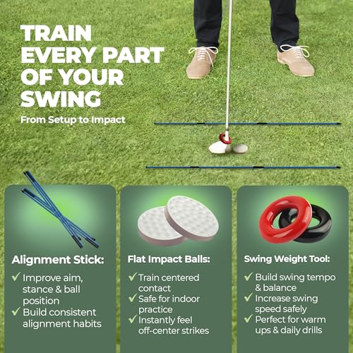 6-in-1 Golf Swing Trainer with Divot Board, Golf Grip Trainer, Alignment Sticks and Training Aid | Golf Accessories for Men & Women | Hitting Mat Practice Indoor & Outdoor