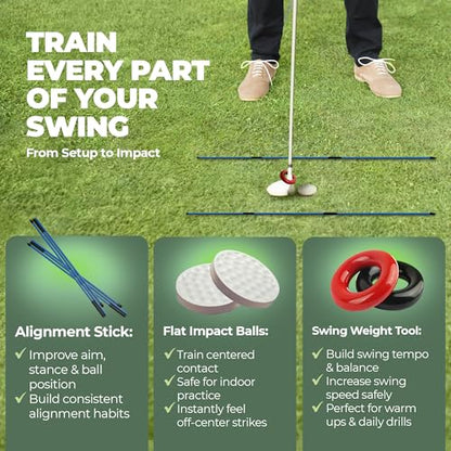 6-in-1 Golf Swing Trainer with Divot Board, Golf Grip Trainer, Alignment Sticks and Training Aid | Golf Accessories for Men & Women | Hitting Mat Practice Indoor & Outdoor