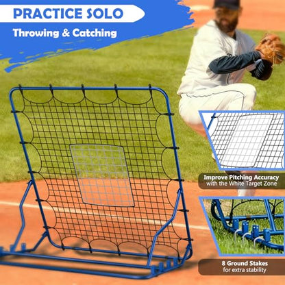 4x4.5FT Baseball Rebounder Net | 4 Adjustable Angles | Pitch Back Baseball Softball Volleyball Rebounder | 1 Strike Zone | Suits Pitchback Trainer for Ground, Line Drive & Fly Balls