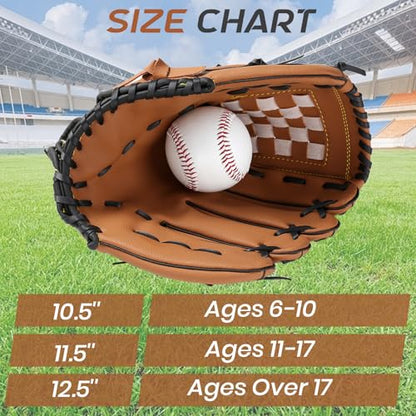 Baseball Glove + Ball Sets, Softball Glove, Baseball Mitt, 10.5''-12.5'' for Youth/Adult Training and Beginner Play, Synthetic Leather Softball Mitt - color: Brown, size: 10.5"