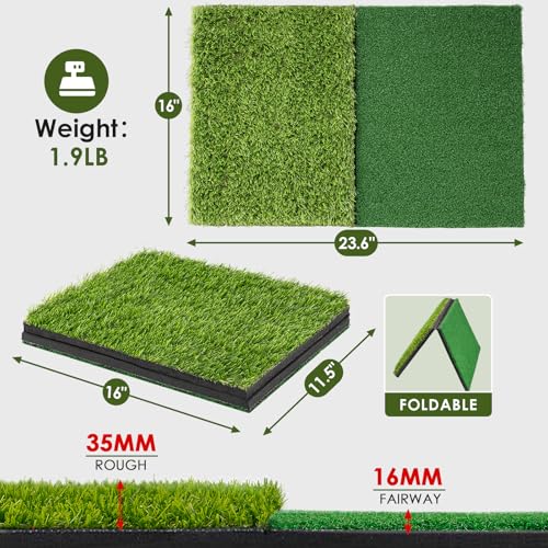 Heavy-Duty Golf Hitting Mat – Dual Turf Design Simulates Fairway & Rough for Real Course Feel, Indoor/Outdoor Practice Mat for Full Swing & Chipping Training, Easy Carry Strap - size: 2'×1.3'FT