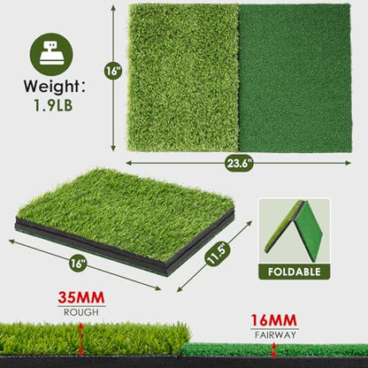 Heavy-Duty Golf Hitting Mat – Dual Turf Design Simulates Fairway & Rough for Real Course Feel, Indoor/Outdoor Practice Mat for Full Swing & Chipping Training, Easy Carry Strap - size: 2'×1.3'FT