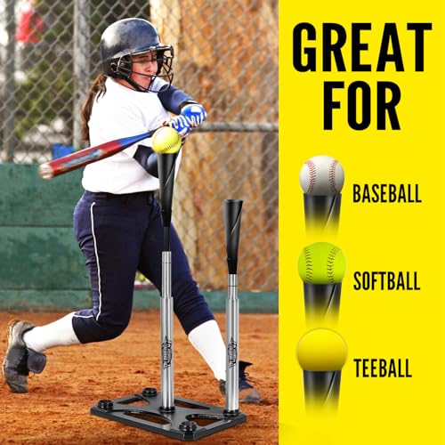 PLAYAPUT 5 Position Batting Tee,Hitting Tee Height Adjustable 24-46 Inch Baseball Tee with 2 Rubber Top,Aluminum Pole,Metal Base Softball Tee for All Players Practice Inside, Middle,Outside